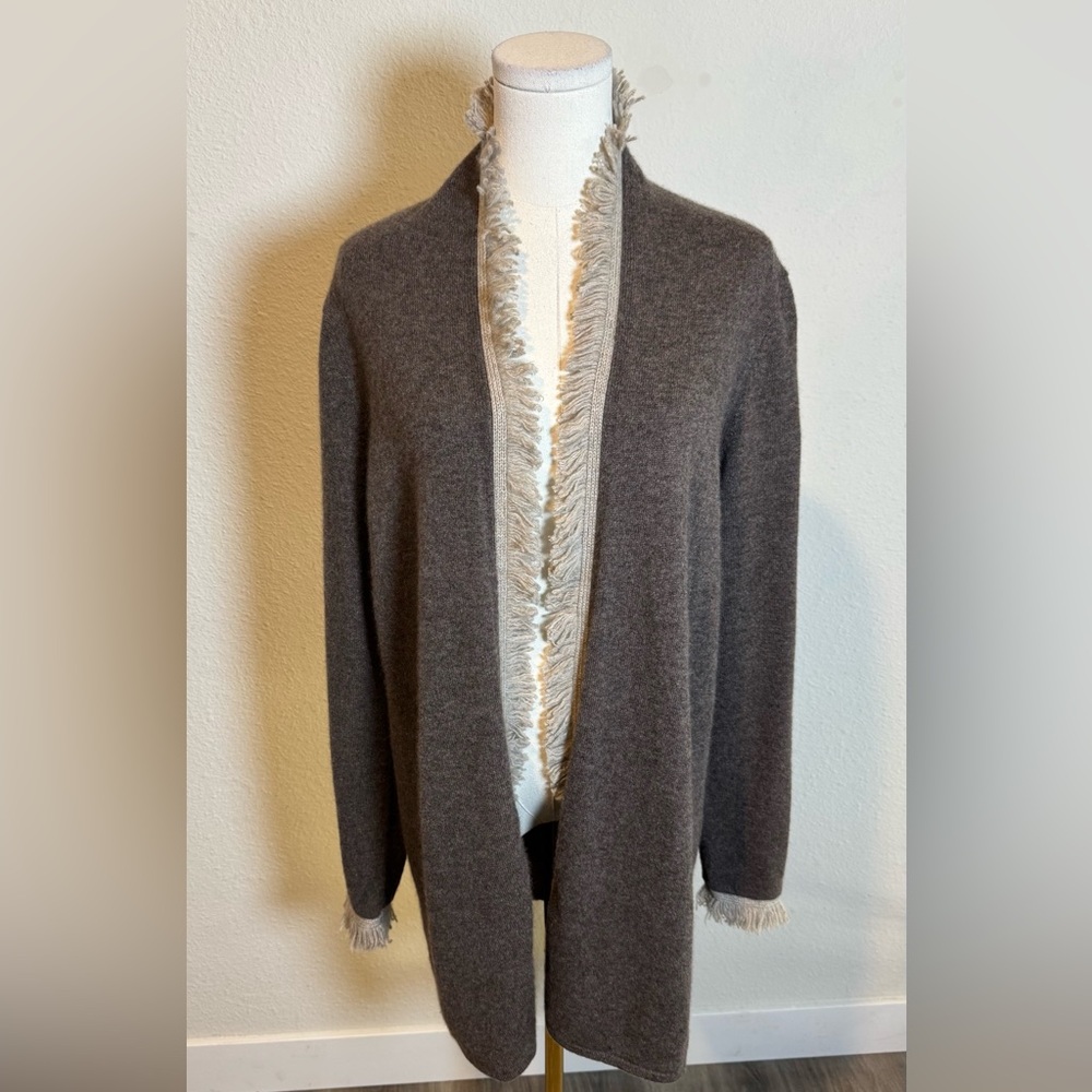 Sofia Cashmere Fringe Trim 100% Cashmere Open Cardigan Sweater size XL